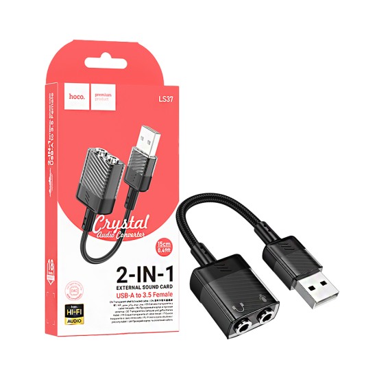 cabo Adaptador de áudio Hoco LS37 Spirit USB para 2 Fêmea 3,5 mm 15cm Preto cabo Adaptador de áudio Hoco LS37 Spirit USB para 2 Fêmea 3,5 mm 15cm Preto