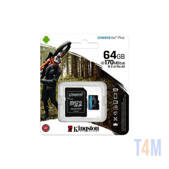 Cartão de Memória Micro SDXC Kingston Canvas Go Plus 64GB UHS-I U3 V30 A2 com Adaptador