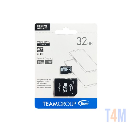 Cartão de Memória MicroSDHC Team Group 32GB UHS-I U1 Classe 10 com Adaptador