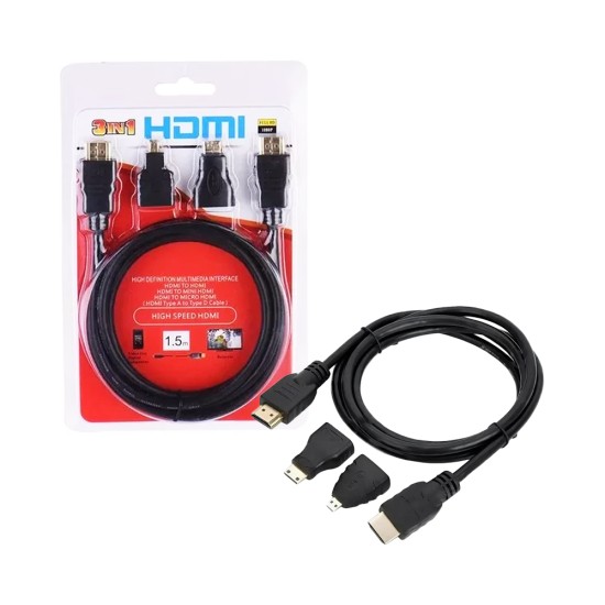 Universal 3 in 1 HDMI Cable with Micro and Mini HDMI connector 1.5m Black
