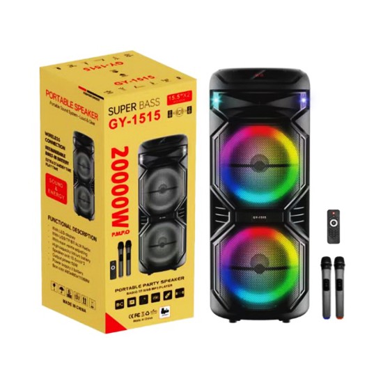 Coluna Sem Fio Portátil GY-1515 com Microfone Duplo Preto Coluna Sem Fio Portátil GY-1515 com Microfone Duplo Preto