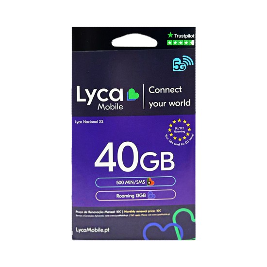 LycaMobile National Card XS 40 GB/500 min com 13GB de roaming na EU LycaMobile National Card XS 40 GB/500 min com 13GB de roaming na EU