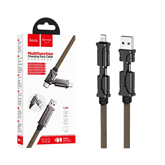 Cabo de Carregamento 4 em 1 Hoco S22 Magic cube USB/Tipo-C A Lightning/Tipo-C 3A 1,2m Preto Marrom Cabo de Carregamento 4 em 1 Hoco S22 Magic cube USB/Tipo-C A Lightning/Tipo-C 3A 1,2m Preto Marrom