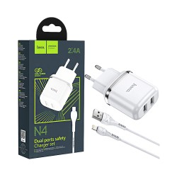 Hoco Charger N4 Aspiring 2 Ports USB-A 2.4A with Type-C Cable 1M White Hoco Charger N4 Aspiring 2 Ports USB-A 2.4A with Type-C Cable 1M White