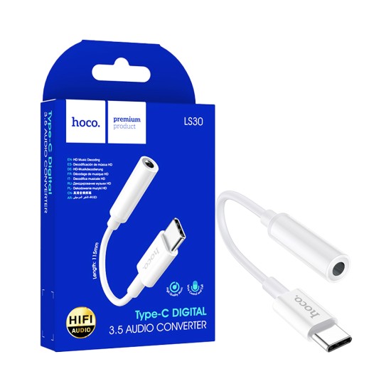 Cabo Adaptador de Áudio Hoco LS30 Tipo-C para 3,5mm Branco Cabo Adaptador de Áudio Hoco LS30 Tipo-C para 3,5mm Branco