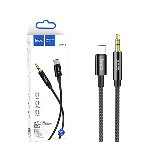 Cabo de Conversão de Áudio Hoco UPA19 Tipo-C para 3,5mm 1m Preto Cabo de Conversão de Áudio Hoco UPA19 Tipo-C para 3,5mm 1m Preto