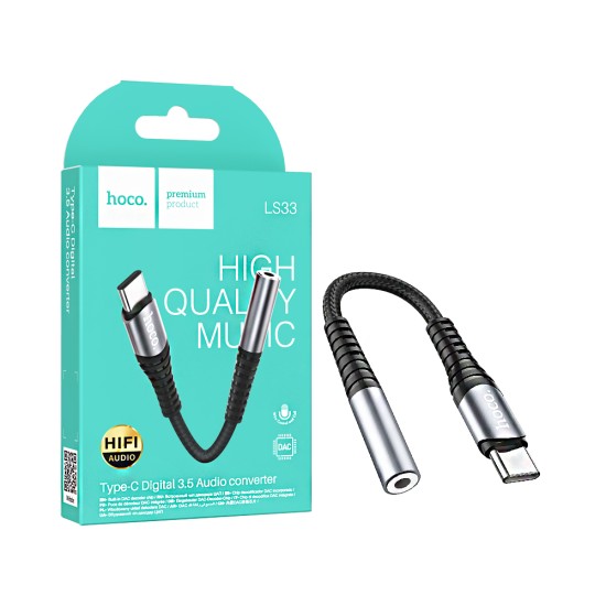 Cabo Adaptador de Áudio Hoco LS33 Tipo-C para 3,5mm Cinza Metálico Cabo Adaptador de Áudio Hoco LS33 Tipo-C para 3,5mm Cinza Metálico