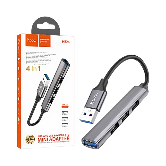 Adaptador Hoco HB26 USB para 4USB Cinza Metálico Adaptador Hoco HB26 USB para 4USB Cinza Metálico