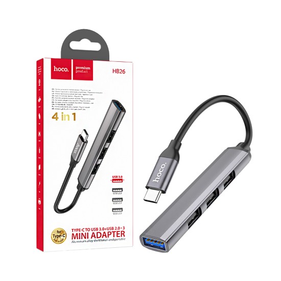Adaptador Hoco HB26 Tipo-C para 4USB Cinza Metálico Adaptador Hoco HB26 Tipo-C para 4USB Cinza Metálico