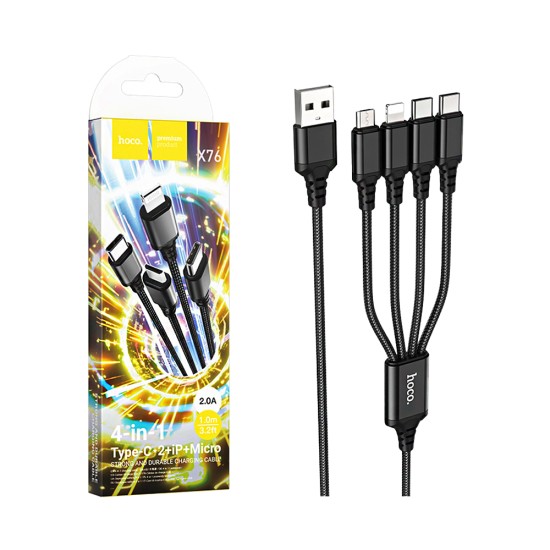 Cable de Carga 4 en 1 Hoco X76 Super USB-A a (Tipo-C+Lightning+Tipo-C+Micro) 2.0A 1m Negro Cable de Carga 4 en 1 Hoco X76 Super USB-A a (Tipo-C+Lightning+Tipo-C+Micro) 2.0A 1m Negro
