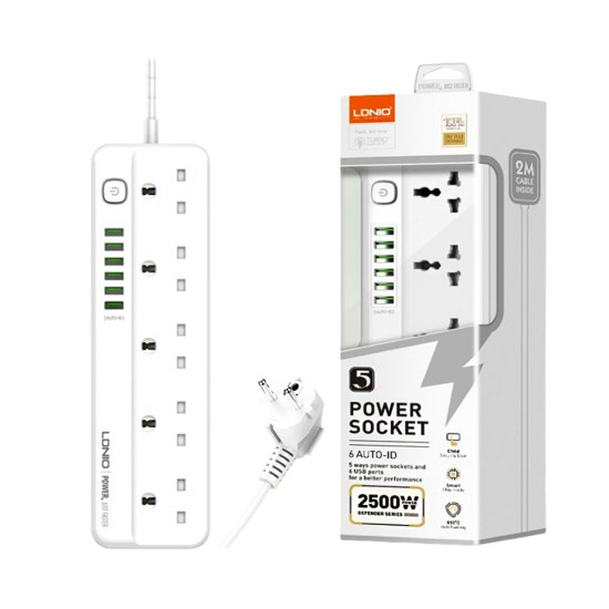 LDNIO Extension Cord SC5614 with 5 Sockets+6 USB-A 2500W 2M White LDNIO Extension Cord SC5614 with 5 Sockets+6 USB-A 2500W 2M White