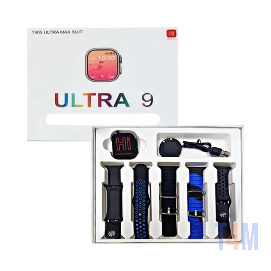 Smartwatch T905 Ultra Max Suit Ultra 9 con 5 correas 1,73'' (Versión de llamada) Negro