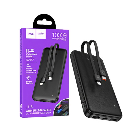 Power Bank Hoco J118 Speed Energy com 4-em-1 2USB+Cabo Type-C+Lightning 10000mAh Preto Power Bank Hoco J118 Speed Energy com 4-em-1 2USB+Cabo Type-C+Lightning 10000mAh Preto