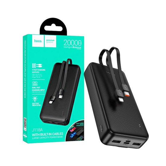 Hoco Power Bank J118A Speed Energy with 4-in-1 2USB+Cable Type-C+Lightning 20000mAh Black