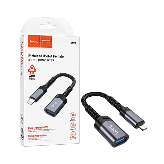 Adaptador Hoco UA24 macho Lightning para Fêmea USB Cinza Metálico Adaptador Hoco UA24 macho Lightning para Fêmea USB Cinza Metálico