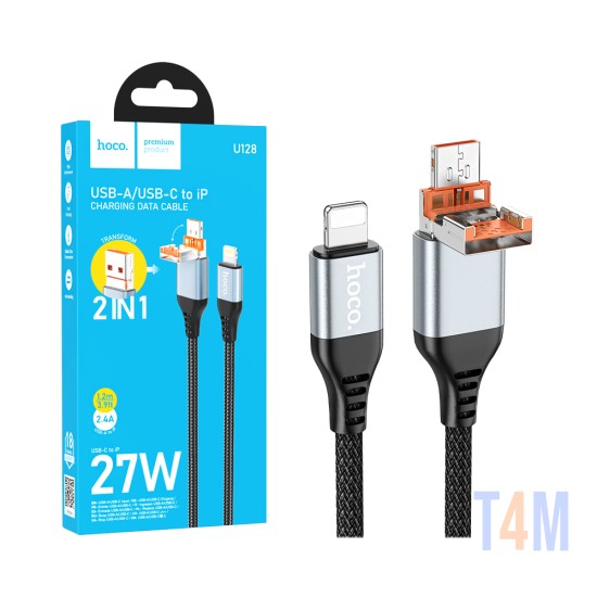 Cable de Carga 2 en 1 Hoco U128 Viking 27W 2,4A USB-A/Tipo-C a Lightning 1,2m Negro