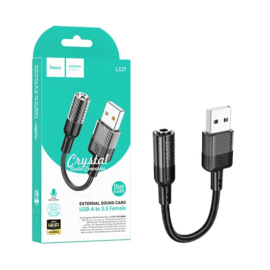 cabo Adaptador de áudio Hoco LS37 Spirit USB para 3,5 mm 15cm Preto cabo Adaptador de áudio Hoco LS37 Spirit USB para 3,5 mm 15cm Preto