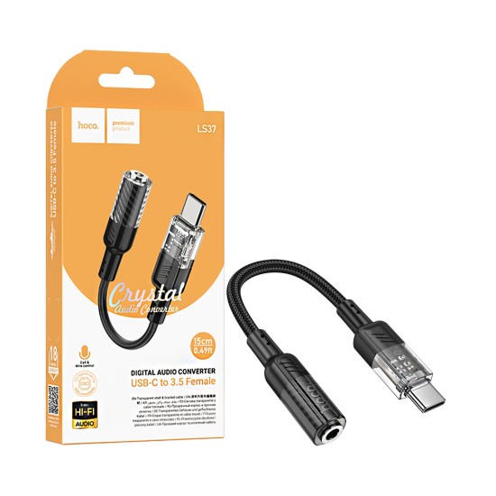 Cabo Adaptador de Áudio Hoco LS37 Spirit Tipo-C para 3,5mm Preto Cabo Adaptador de Áudio Hoco LS37 Spirit Tipo-C para 3,5mm Preto