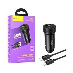 Hoco Car Charger Z49B Level Dual Port USB+Type-C 38W with Type-C to Type-C Cable 1M Black Hoco Car Charger Z49B Level Dual Port USB+Type-C 38W with Type-C to Type-C Cable 1M Black