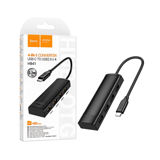 Hoco Adapter HB41 Easy safety Type-C to 4USB 2.0 0.2m Black Hoco Adapter HB41 Easy safety Type-C to 4USB 2.0 0.2m Black
