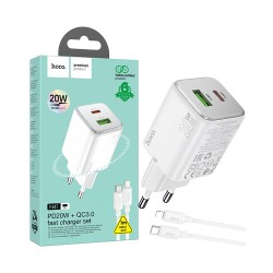 Hoco Charger N41 Almighty 2 Ports USB+Type-C QC+PD 20W GAN with Type-C to Lightning Cable 1m White Hoco Charger N41 Almighty 2 Ports USB+Type-C QC+PD 20W GAN with Type-C to Lightning Cable 1m White