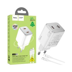 Hoco Charger N42 Elogiado 2 Ports Type-C PD45W with Type-C to Lightning Cable 1m White Hoco Charger N42 Elogiado 2 Ports Type-C PD45W with Type-C to Lightning Cable 1m White