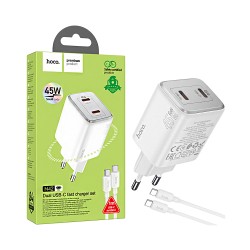 Hoco Charger N42 Elogiado 2 Ports Type-C PD45W with Type-C to Type-C Cable 1m White Hoco Charger N42 Elogiado 2 Ports Type-C PD45W with Type-C to Type-C Cable 1m White