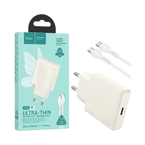 Hoco Charger N44 Biscuit Type-C PD 30W GAN with Type-C to Type-C Cable Moonlight White Hoco Charger N44 Biscuit Type-C PD 30W GAN with Type-C to Type-C Cable Moonlight White