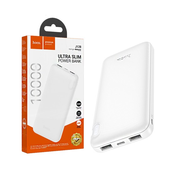 Hoco Power Bank J128 Powerful with 2 Ports Output USB 10000mAh White