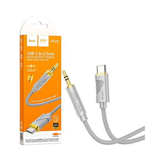 Cabo de Conversão de Áudio Hoco UPA30 Friend Tipo-C para 3,5mm 1m Cinza Cabo de Conversão de Áudio Hoco UPA30 Friend Tipo-C para 3,5mm 1m Cinza