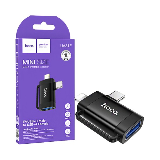 Adaptador Hoco UA31F Tipo-C/Lightning Macho Para USB Fêmea Preto Adaptador Hoco UA31F Tipo-C/Lightning Macho Para USB Fêmea Preto