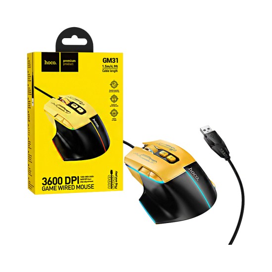 Rato para jogos Hoco GM31 Overlord Luminous com fio Amarelo Preto Rato para jogos Hoco GM31 Overlord Luminous com fio Amarelo Preto