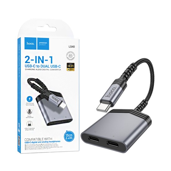 Cabo de Adaptador Áudio Hoco LS40 Tipo-C para 2 Tipo-C Cinza Metálico Cabo de Adaptador Áudio Hoco LS40 Tipo-C para 2 Tipo-C Cinza Metálico