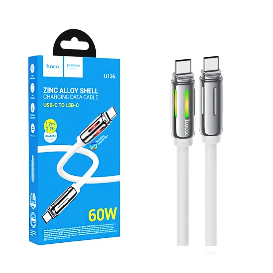Cabo Hoco U136 Prize Tipo-C para Tipo-C PD 60W 3A 1,2M Branco Cabo Hoco U136 Prize Tipo-C para Tipo-C PD 60W 3A 1,2M Branco