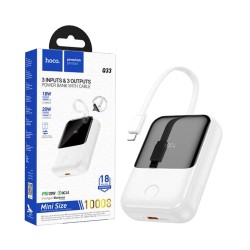 Mini Power Bank Hoco Q33 Outstanding com cabo bidirecional Lightning+Type-C PD20W 10000mAh Branco Mini Power Bank Hoco Q33 Outstanding com cabo bidirecional Lightning+Type-C PD20W 10000mAh Branco