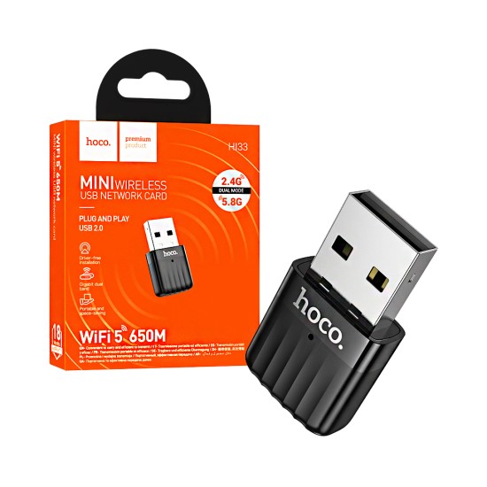 Adaptador Wifi Hoco HI33 Antena Placa de Rede Sem Fio 2.4GHz/5GHz 650Mbps USB Preto Adaptador Wifi Hoco HI33 Antena Placa de Rede Sem Fio 2.4GHz/5GHz 650Mbps USB Preto