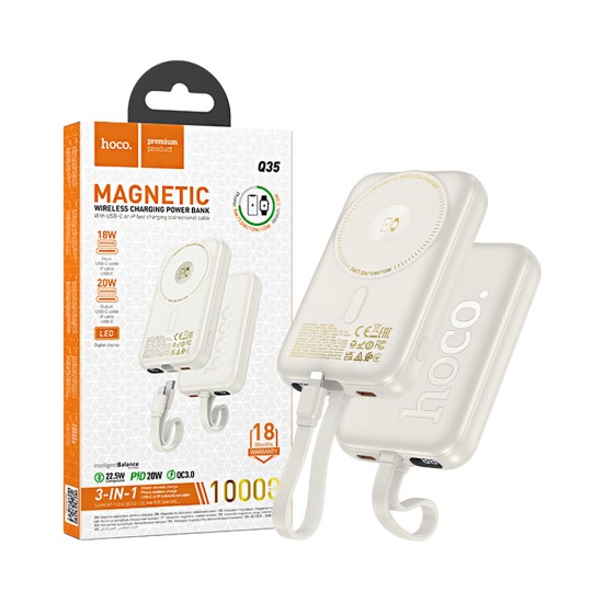 Power Bank Magnético Hoco Q35 com Cabo bidirecional Tipo-C para Lightning PD20W 10000mAh Branco leitoso Power Bank Magnético Hoco Q35 com Cabo bidirecional Tipo-C para Lightning PD20W 10000mAh Branco leitoso