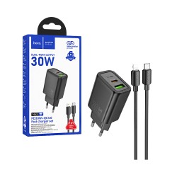 Hoco Charger N63 Gentle 2 Ports USB+Tipo-C PD30W GAN with Type-C to Lightning Cable 1m Black Hoco Charger N63 Gentle 2 Ports USB+Tipo-C PD30W GAN with Type-C to Lightning Cable 1m Black