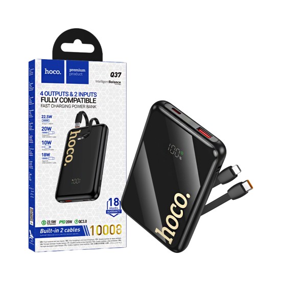 Power Bank Hoco Q37 Graceful con 3-in-1 Porta USB+Cable Tipo-C+Lightning 10000mAh Preto Power Bank Hoco Q37 Graceful con 3-in-1 Porta USB+Cable Tipo-C+Lightning 10000mAh Preto