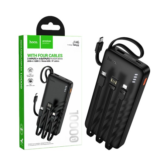Power Bank Hoco J146 Night tide com 4-em-1 2USB+Cabo Type-C+Lightning 10000mAh Preto Power Bank Hoco J146 Night tide com 4-em-1 2USB+Cabo Type-C+Lightning 10000mAh Preto