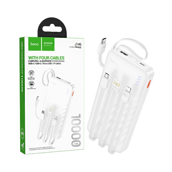Power Bank Hoco J146 Night tide com 4-em-1 2USB+Cabo Type-C+Lightning 10000mAh Branco Power Bank Hoco J146 Night tide com 4-em-1 2USB+Cabo Type-C+Lightning 10000mAh Branco