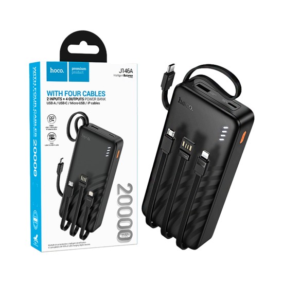 Hoco Power Bank J146A Night tide with 4-in-1 USB Port+Micro+Type-C+Lightning Cable 20000mAh Black