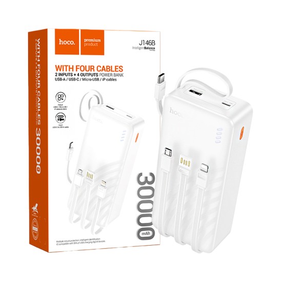 Power Bank Hoco J146B Night tide com 4-em-1 2USB+Cabo Type-C+Lightning 30000mAh Branco Power Bank Hoco J146B Night tide com 4-em-1 2USB+Cabo Type-C+Lightning 30000mAh Branco