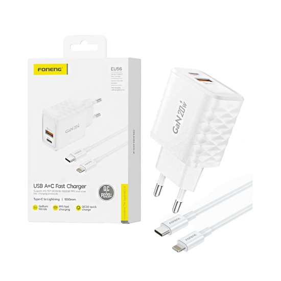 Foneng Charger EU56 2 Ports USB+Type-C QC3.0+PD20W GAN with Type-C to Lightning Cable 1m White Foneng Charger EU56 2 Ports USB+Type-C QC3.0+PD20W GAN with Type-C to Lightning Cable 1m White