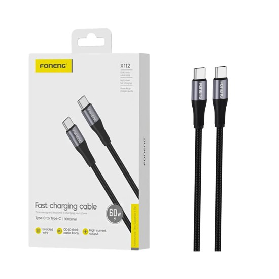 Cabo Foneng X112 Tipo-C para Tipo-C 60W 1m Preto Cabo Foneng X112 Tipo-C para Tipo-C 60W 1m Preto