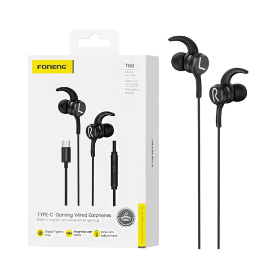 Auscultadores jogos Foneng T68 In-Ear Heavy Bass Tipo-C 1,2m Preto Auscultadores jogos Foneng T68 In-Ear Heavy Bass Tipo-C 1,2m Preto