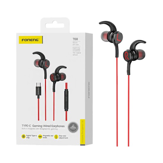 Auscultadores jogos Foneng T68 In-Ear Heavy Bass Tipo-C 1,2m Vermelho Auscultadores jogos Foneng T68 In-Ear Heavy Bass Tipo-C 1,2m Vermelho
