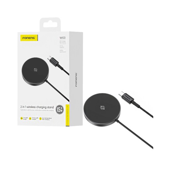 Carregador Sem Fio Magnético Foneng W03 Mini 15W com suporte 1m Preto Carregador Sem Fio Magnético Foneng W03 Mini 15W com suporte 1m Preto