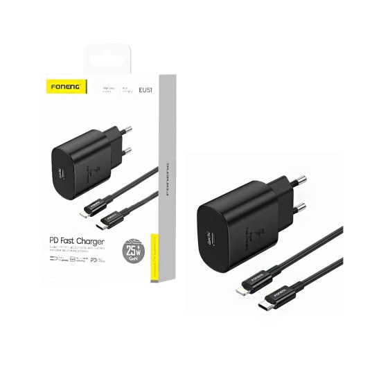 Foneng Charger EU51 PD 25W GAN with Type-C to Lightning Cable Black Foneng Charger EU51 PD 25W GAN with Type-C to Lightning Cable Black