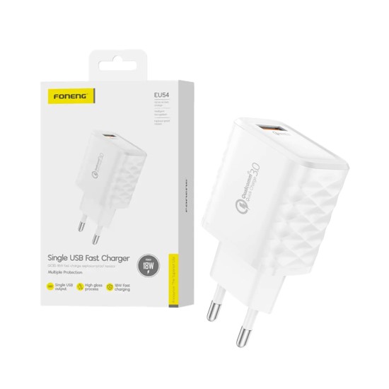 Foneng Adapter EU54 USB QC3.0 3A 18W White Foneng Adapter EU54 USB QC3.0 3A 18W White